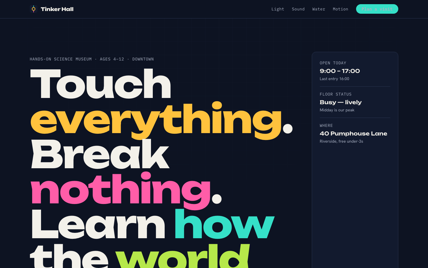 Tinker Hall children's science museum playful landing page